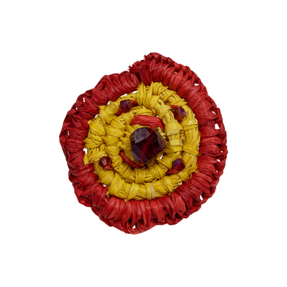 FLASH BLAK | ‘Woven Ring' - large red / yellow + crystals | raffia and adjustable ring finding