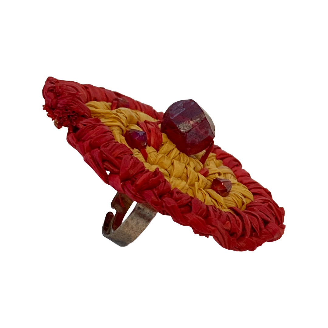FLASH BLAK | ‘Woven Ring' - large red / yellow + crystals | raffia and adjustable ring finding