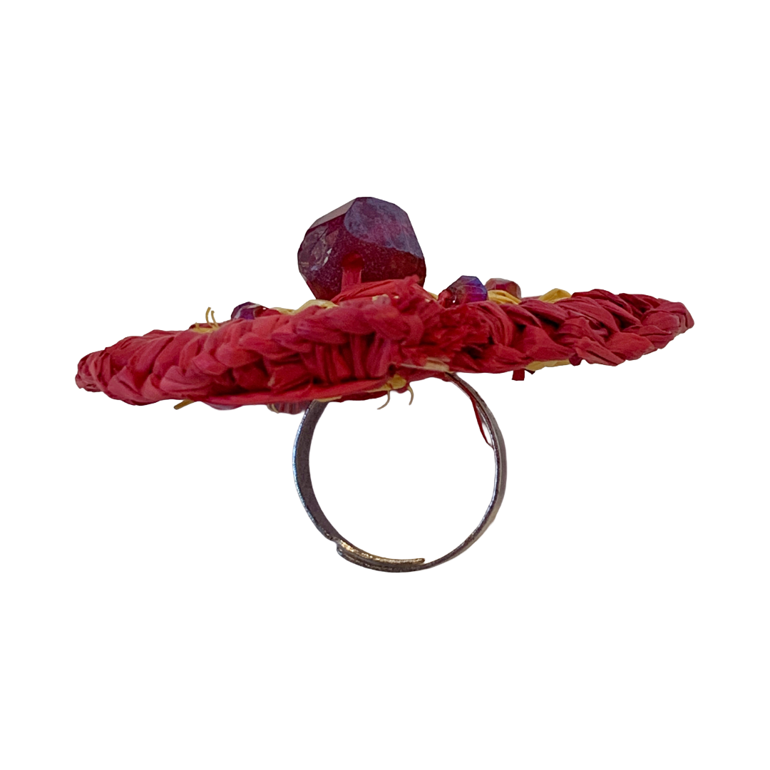 FLASH BLAK | ‘Woven Ring' - large red / yellow + crystals | raffia and adjustable ring finding