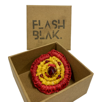 FLASH BLAK | ‘Woven Ring' - large red / yellow + crystals | raffia and adjustable ring finding