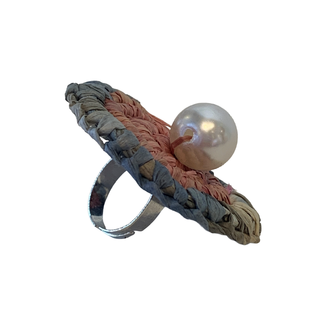 FLASH BLAK | ‘Woven Ring' - small pink / blue | raffia and adjustable ring finding | repurposed pearl bead