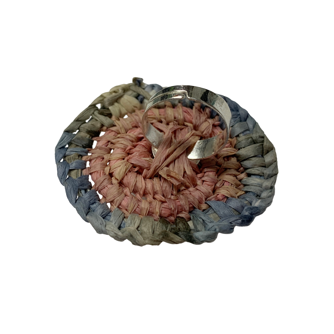 FLASH BLAK | ‘Woven Ring' - small pink / blue | raffia and adjustable ring finding | repurposed pearl bead