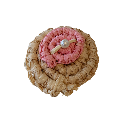 FLASH BLAK | ‘Woven Brooch' - small pink / natural | raffia + repurposed pearl bead