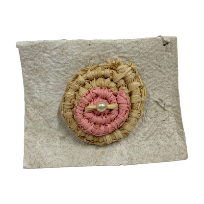 FLASH BLAK | ‘Woven Brooch' - small pink / natural | raffia + repurposed pearl bead