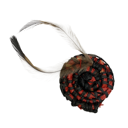 FLASH BLAK | ‘Woven Brooch' - small red / black | raffia + emu feather