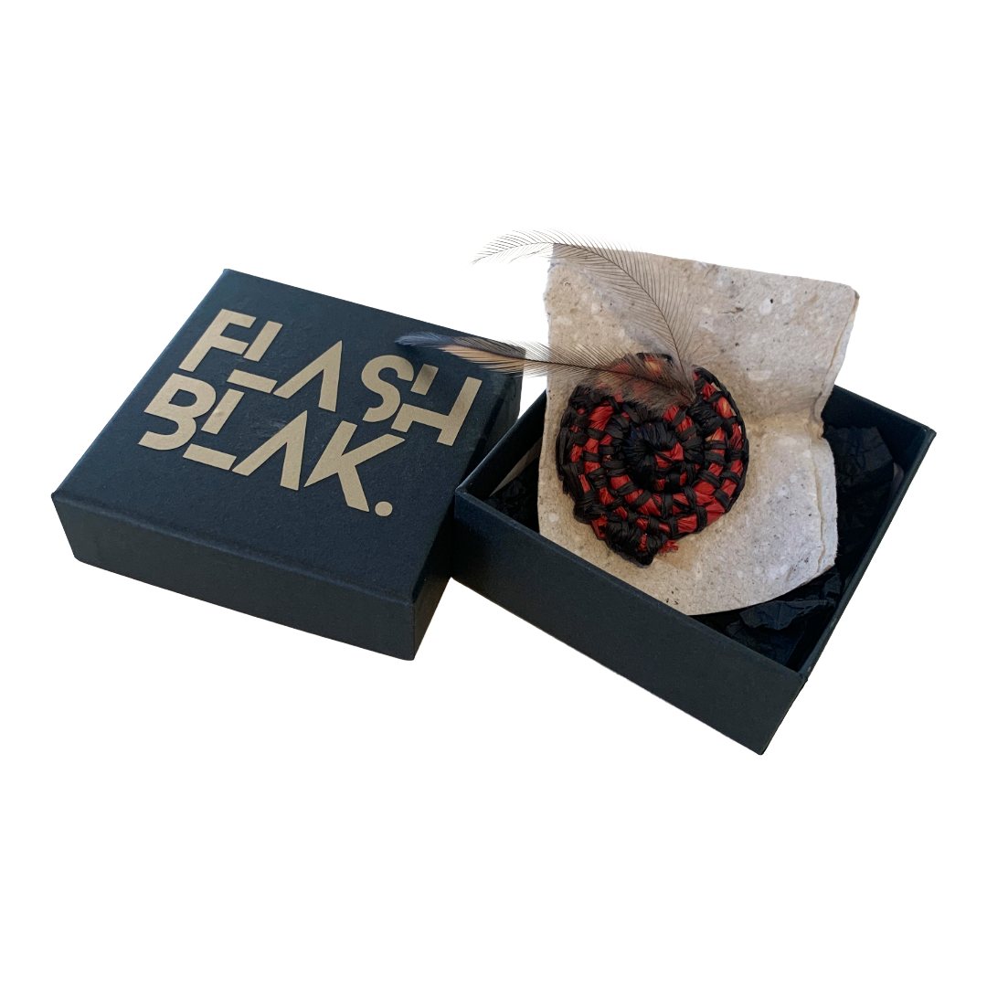 FLASH BLAK | ‘Woven Brooch' - small red / black | raffia + emu feather