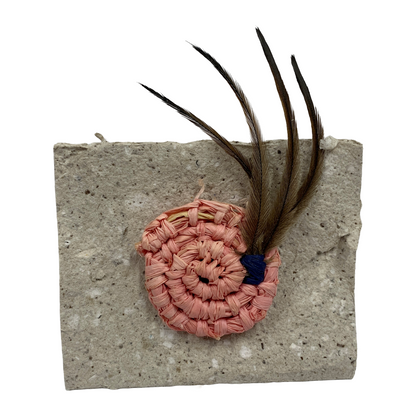FLASH BLAK | ‘Woven Brooch' - small pink / blue | raffia + emu feather
