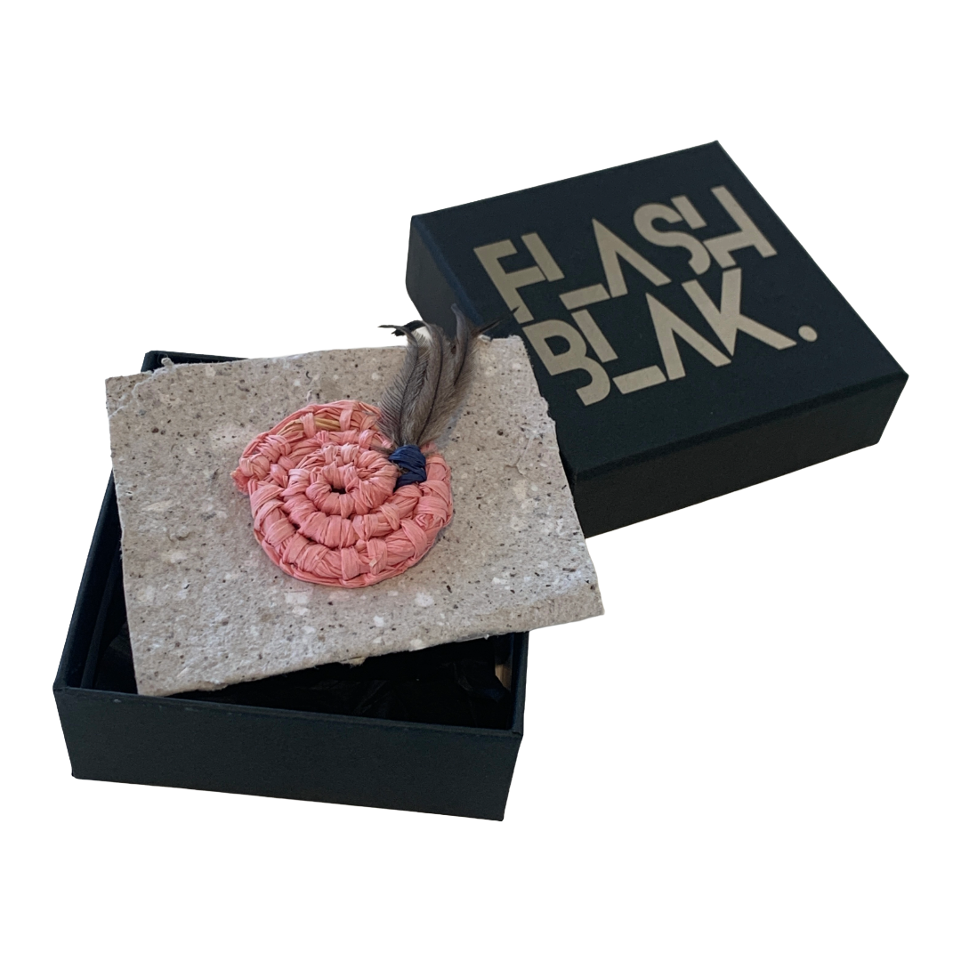 FLASH BLAK | ‘Woven Brooch' - small pink / blue | raffia + emu feather