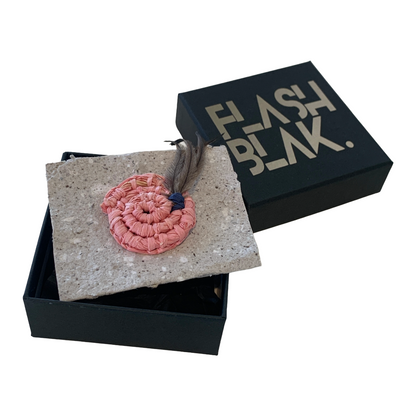 FLASH BLAK | ‘Woven Brooch' - small pink / blue | raffia + emu feather