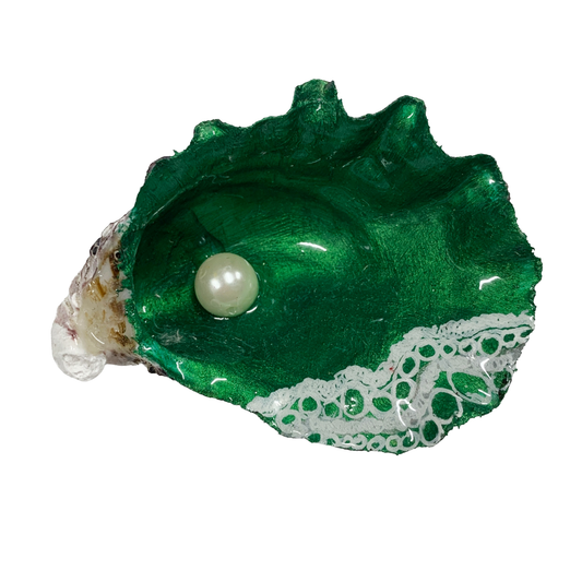 FLASH BLAK | ‘Oyster Shell’ – green + pearl | recycled oyster shell | Acrylic, Ink + resin | boxed