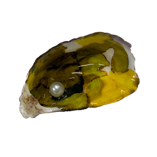 FLASH BLAK | ‘Oyster Shell’ – mustard / yellow + pearl | recycled oyster shell | alcohol ink + resin