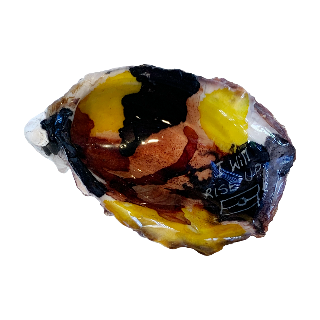 FLASH BLAK | ‘Oyster Shell- I Will Rise Up’ – brown / yellow | recycled oyster shell | alcohol ink, pen + resin