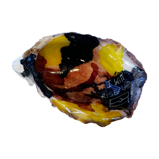 FLASH BLAK | ‘Oyster Shell- I Will Rise Up’ – brown / yellow | recycled oyster shell | alcohol ink, pen + resin
