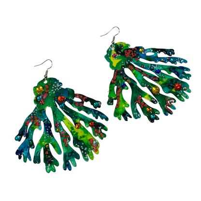 FLASH BLAK | ‘Green Coral Earrings' - XL + bling | recycled melted plastic