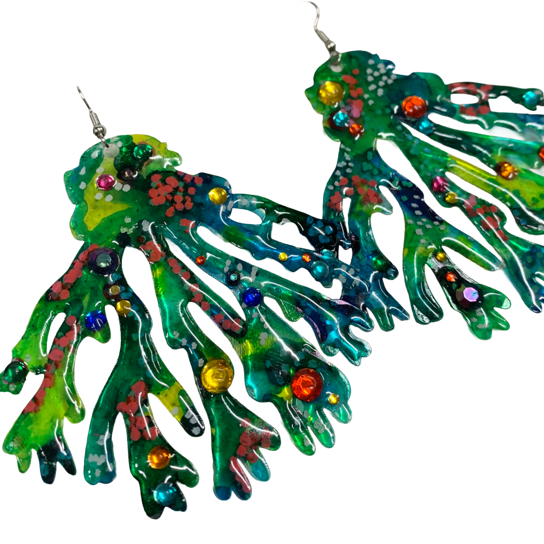 FLASH BLAK | ‘Green Coral Earrings' - XL + bling | recycled melted plastic