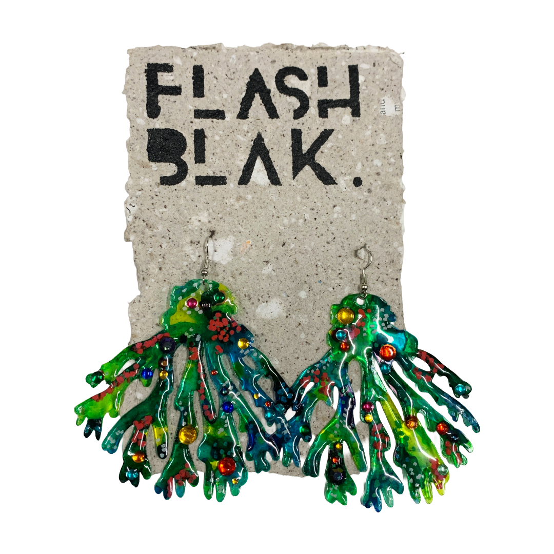 FLASH BLAK | ‘Green Coral Earrings' - XL + bling | recycled melted plastic