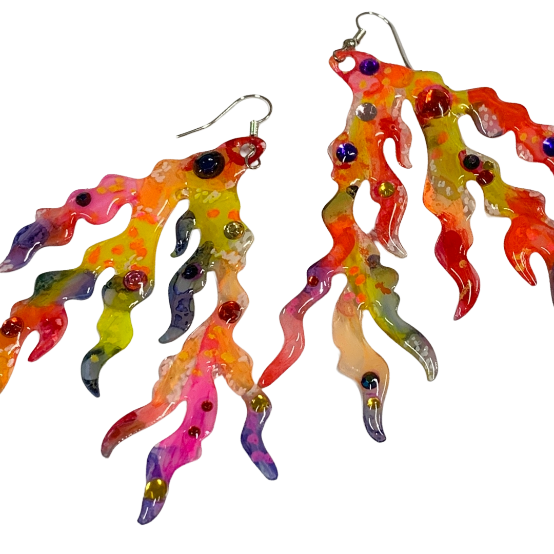 FLASH BLAK | ‘Pink Coral Earrings #2- Pointed’ - XL + bling | recycled melted plastic + stainless steel