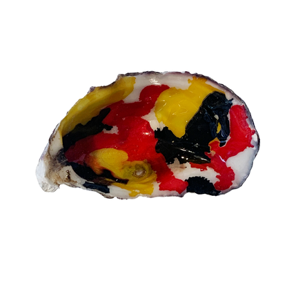 FLASH BLAK | ‘Oyster Shell’ – Flag Colours - red / black / yellow | recycled oyster shell | alcohol ink + resin