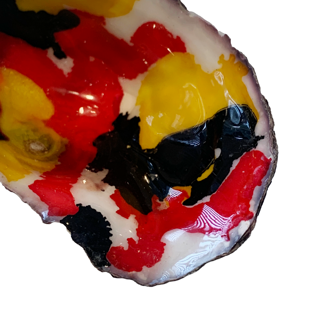 FLASH BLAK | ‘Oyster Shell’ – Flag Colours - red / black / yellow | recycled oyster shell | alcohol ink + resin