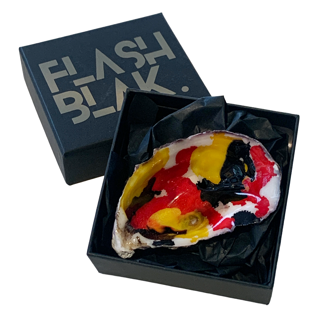 FLASH BLAK | ‘Oyster Shell’ – Flag Colours - red / black / yellow | recycled oyster shell | alcohol ink + resin