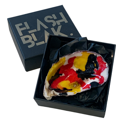 FLASH BLAK | ‘Oyster Shell’ – Flag Colours - red / black / yellow | recycled oyster shell | alcohol ink + resin