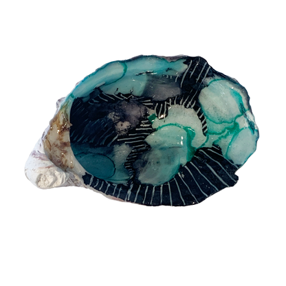 FLASH BLAK | ‘Oyster Shell’ – Black / aqua | recycled oyster shell | alcohol ink + resin