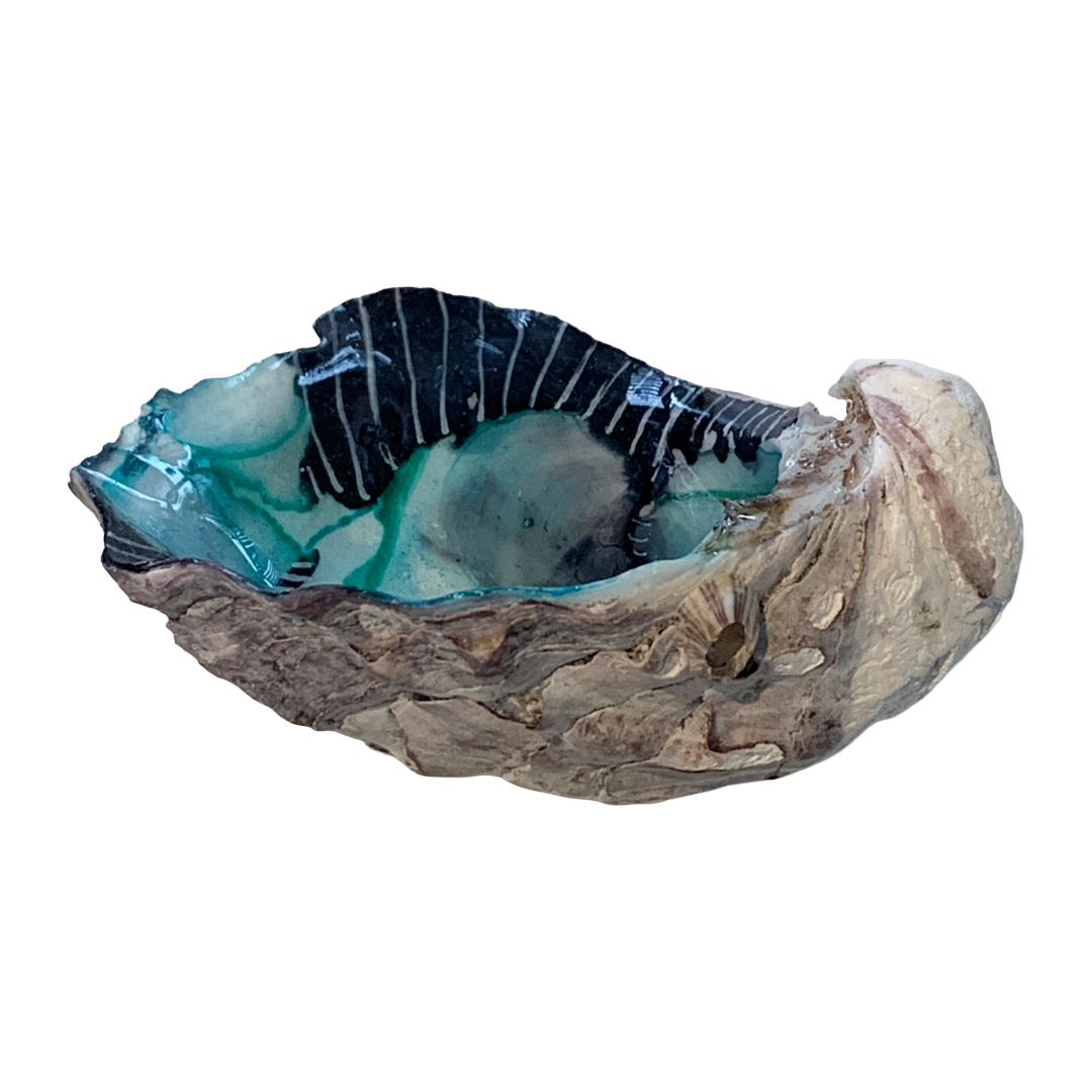 FLASH BLAK | ‘Oyster Shell’ – Black / aqua | recycled oyster shell | alcohol ink + resin