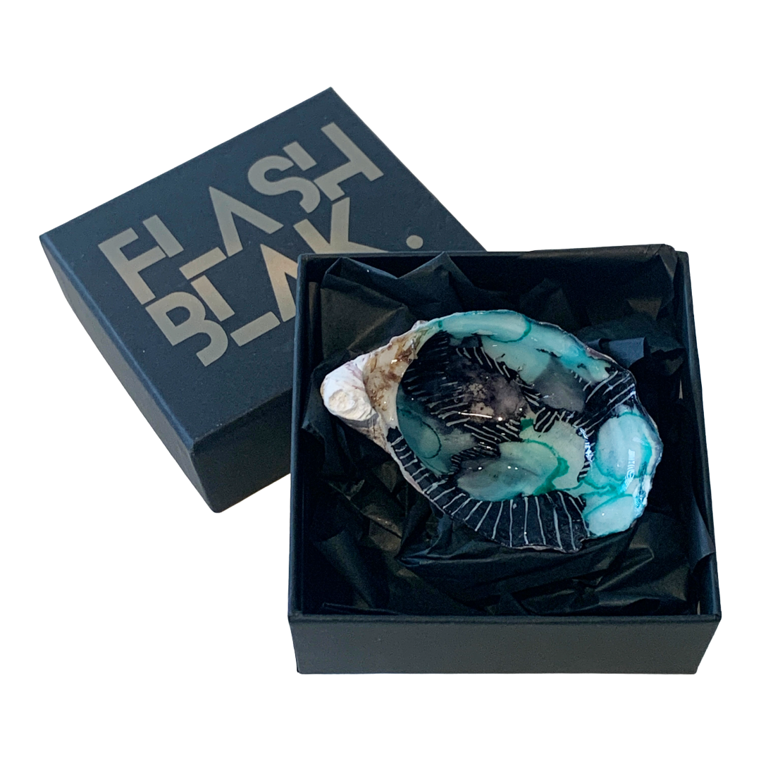 FLASH BLAK | ‘Oyster Shell’ – Black / aqua | recycled oyster shell | alcohol ink + resin