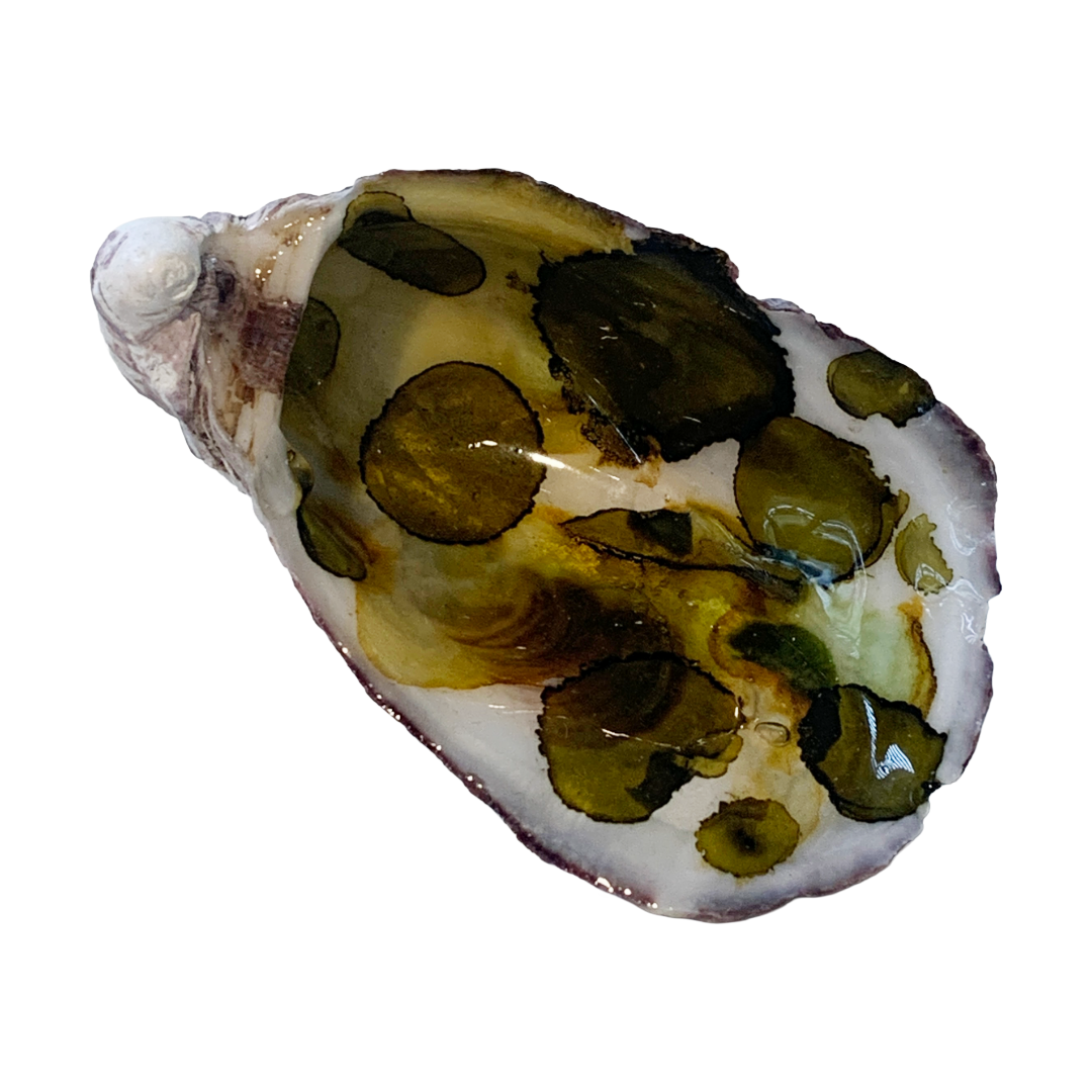 FLASH BLAK | ‘Oyster Shell’ – Olive spots | recycled oyster shell | alcohol ink + resin