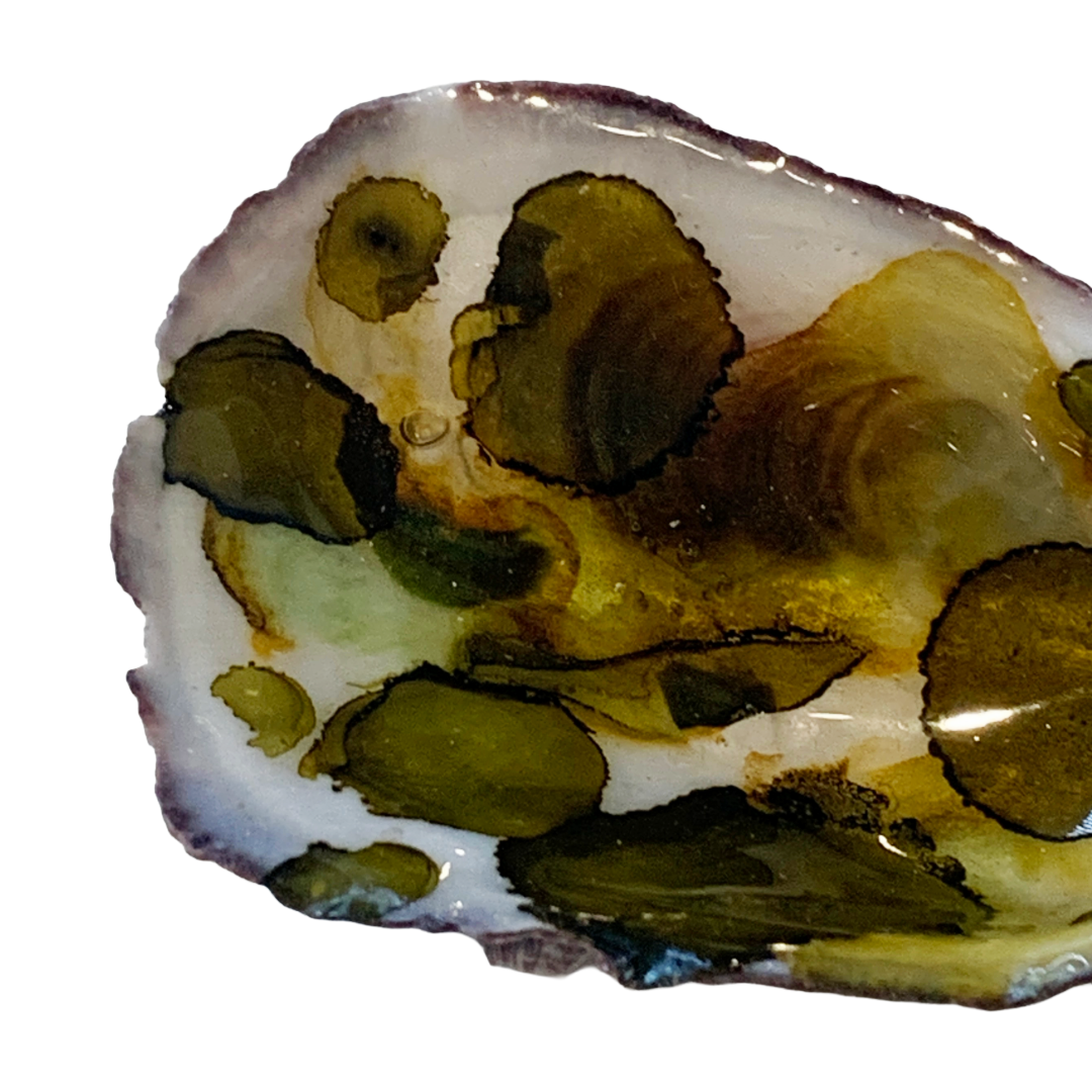 FLASH BLAK | ‘Oyster Shell’ – Olive spots | recycled oyster shell | alcohol ink + resin