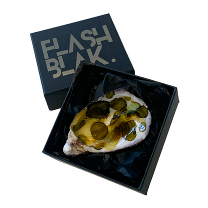 FLASH BLAK | ‘Oyster Shell’ – Olive spots | recycled oyster shell | alcohol ink + resin