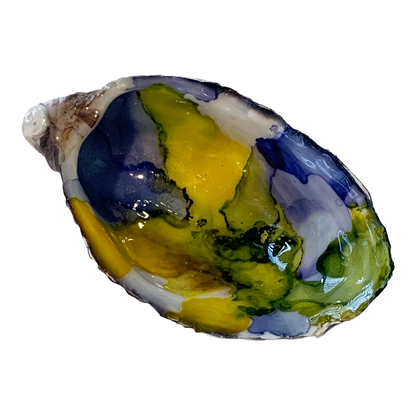 FLASH BLAK | ‘Oyster Shell’ – Blue/ yellow / olive | recycled oyster shell | alcohol ink + resin