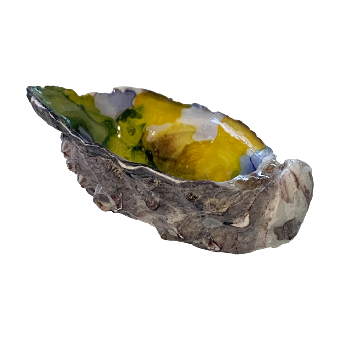 FLASH BLAK | ‘Oyster Shell’ – Blue/ yellow / olive | recycled oyster shell | alcohol ink + resin