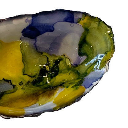 FLASH BLAK | ‘Oyster Shell’ – Blue/ yellow / olive | recycled oyster shell | alcohol ink + resin