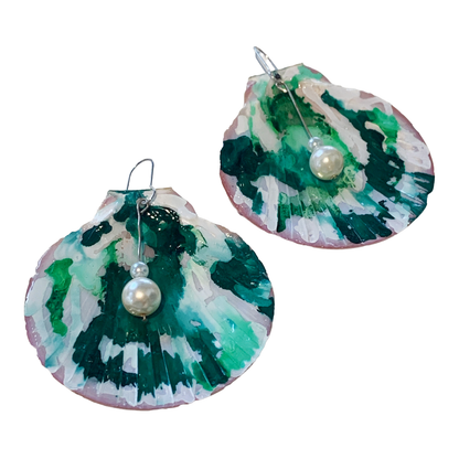 FLASH BLAK | ‘Green Shell Earrings' | recycled scallop shell | alcohol ink + resin | upcycled pearls