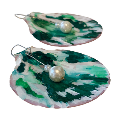 FLASH BLAK | ‘Green Shell Earrings' | recycled scallop shell | alcohol ink + resin | upcycled pearls