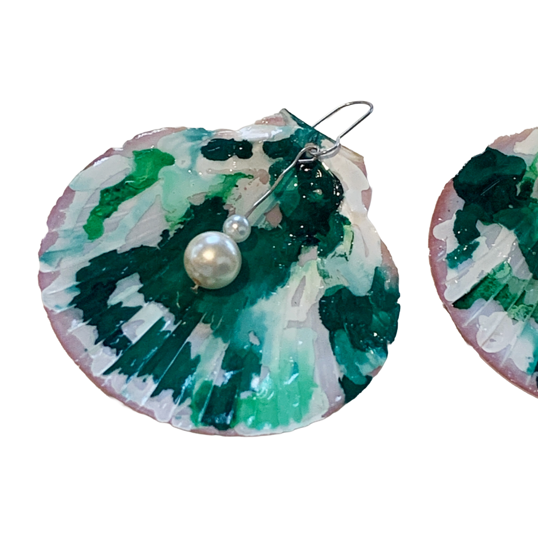 FLASH BLAK | ‘Green Shell Earrings' | recycled scallop shell | alcohol ink + resin | upcycled pearls