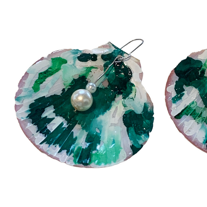 FLASH BLAK | ‘Green Shell Earrings' | recycled scallop shell | alcohol ink + resin | upcycled pearls