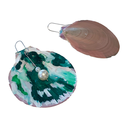 FLASH BLAK | ‘Green Shell Earrings' | recycled scallop shell | alcohol ink + resin | upcycled pearls