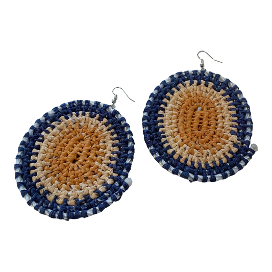 VENETTA DENHAM - GIRRINGUN ART CENTRE | 'Gundala - Large Woven Earrings’ | Blue / Yellow / Orange