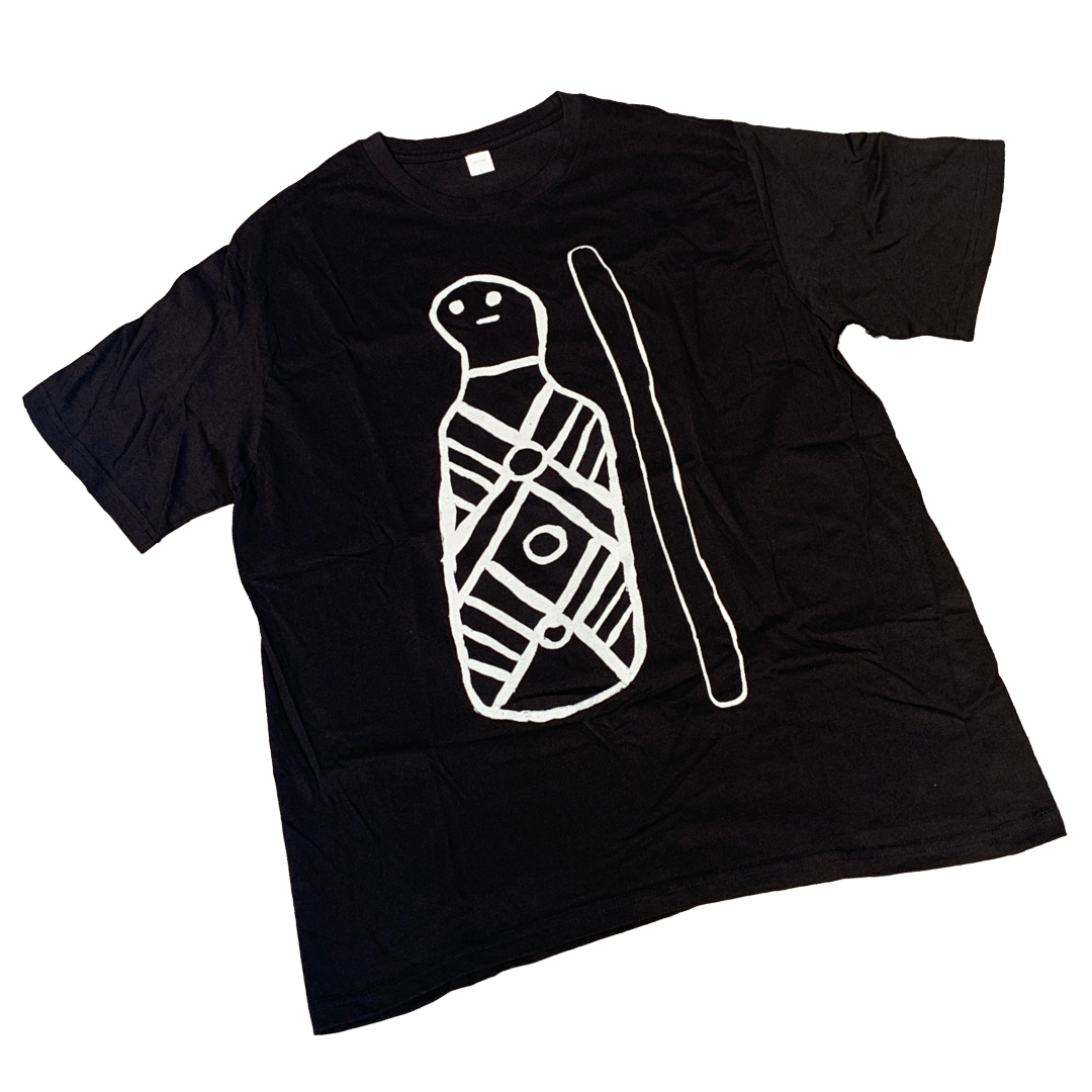 GIRRINGUN ART CENTRE | 'Bagu & Firestick by Leonard Andy' T-shirt  |  Black fabric / white design | Screenprint on cotton
