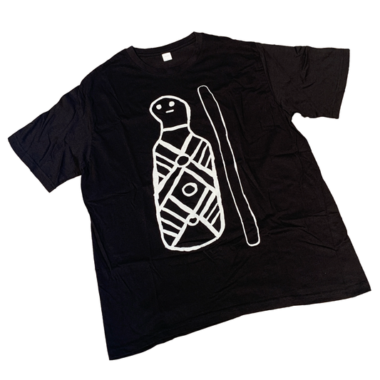 GIRRINGUN ART CENTRE | 'Bagu & Firestick by Leonard Andy' T-shirt  |  Black fabric / white design | Screenprint on cotton