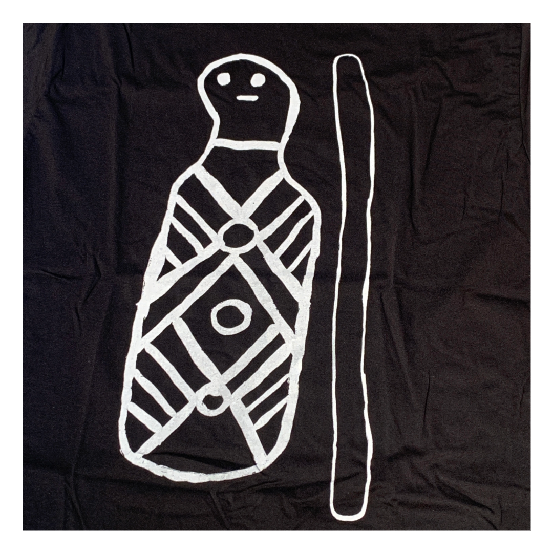 GIRRINGUN ART CENTRE | 'Bagu & Firestick by Leonard Andy' T-shirt  |  Black fabric / white design | Screenprint on cotton
