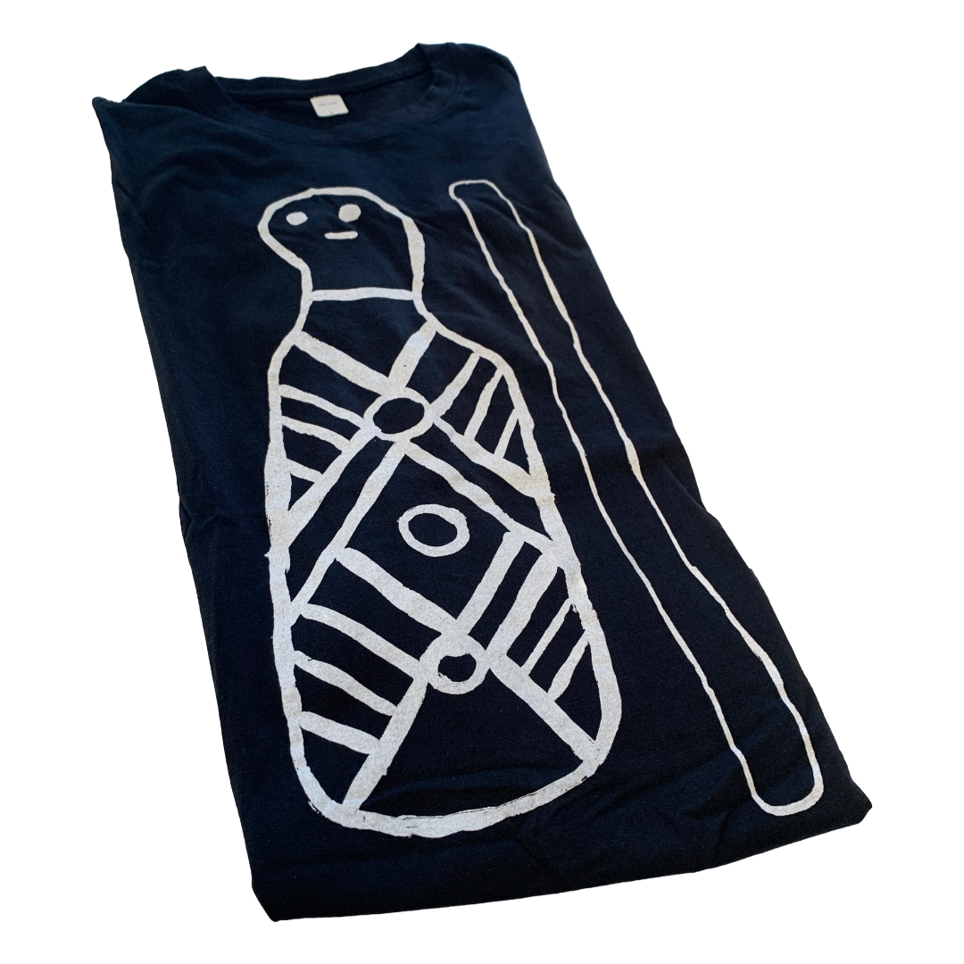 GIRRINGUN ART CENTRE | 'Bagu & Firestick by Leonard Andy' T-shirt  |  Black fabric / white design | Screenprint on cotton
