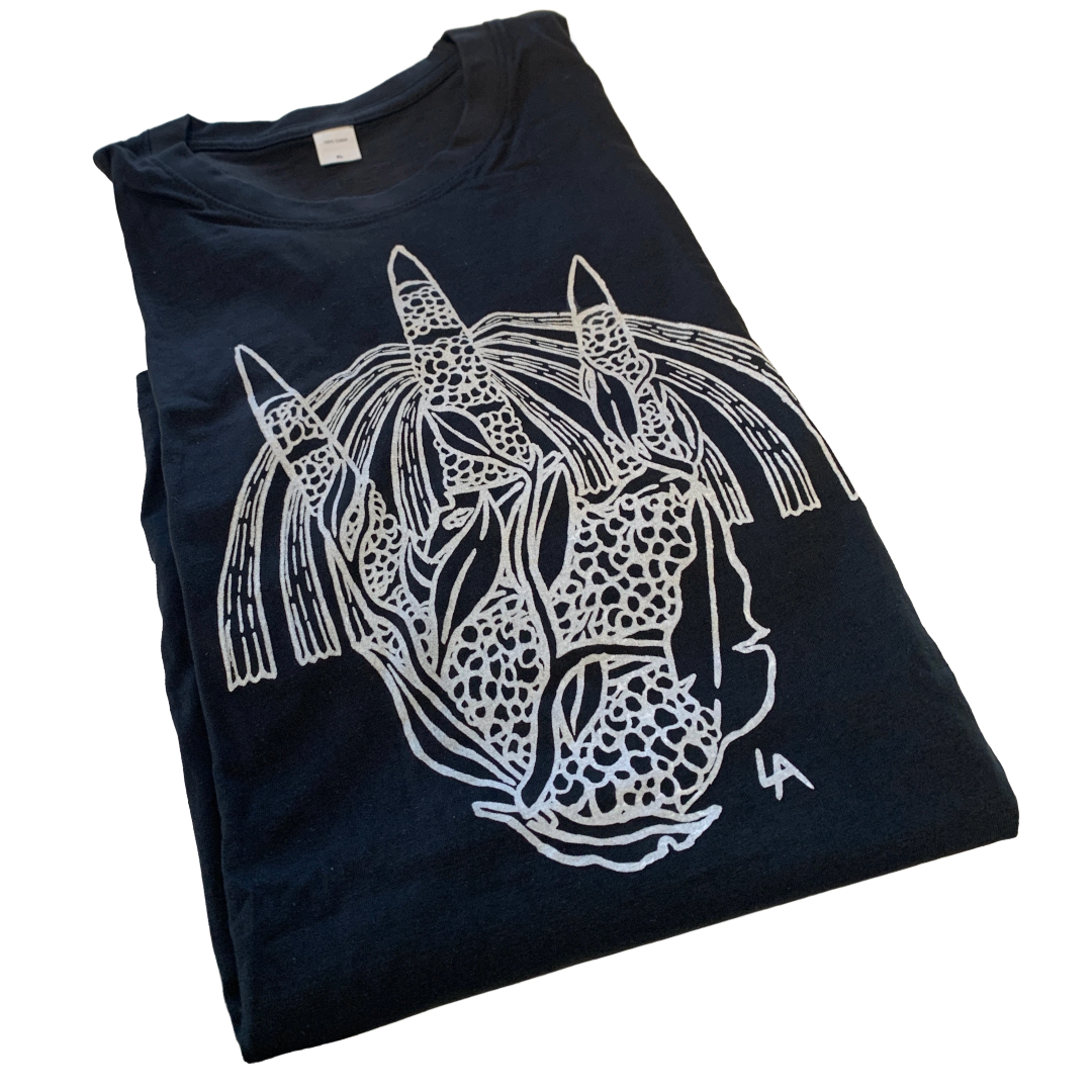 GIRRINGUN ART CENTRE | 'Cassowary Foot by Leonard Andy' T-shirt  |  Black fabric / white design | Screenprint on cotton