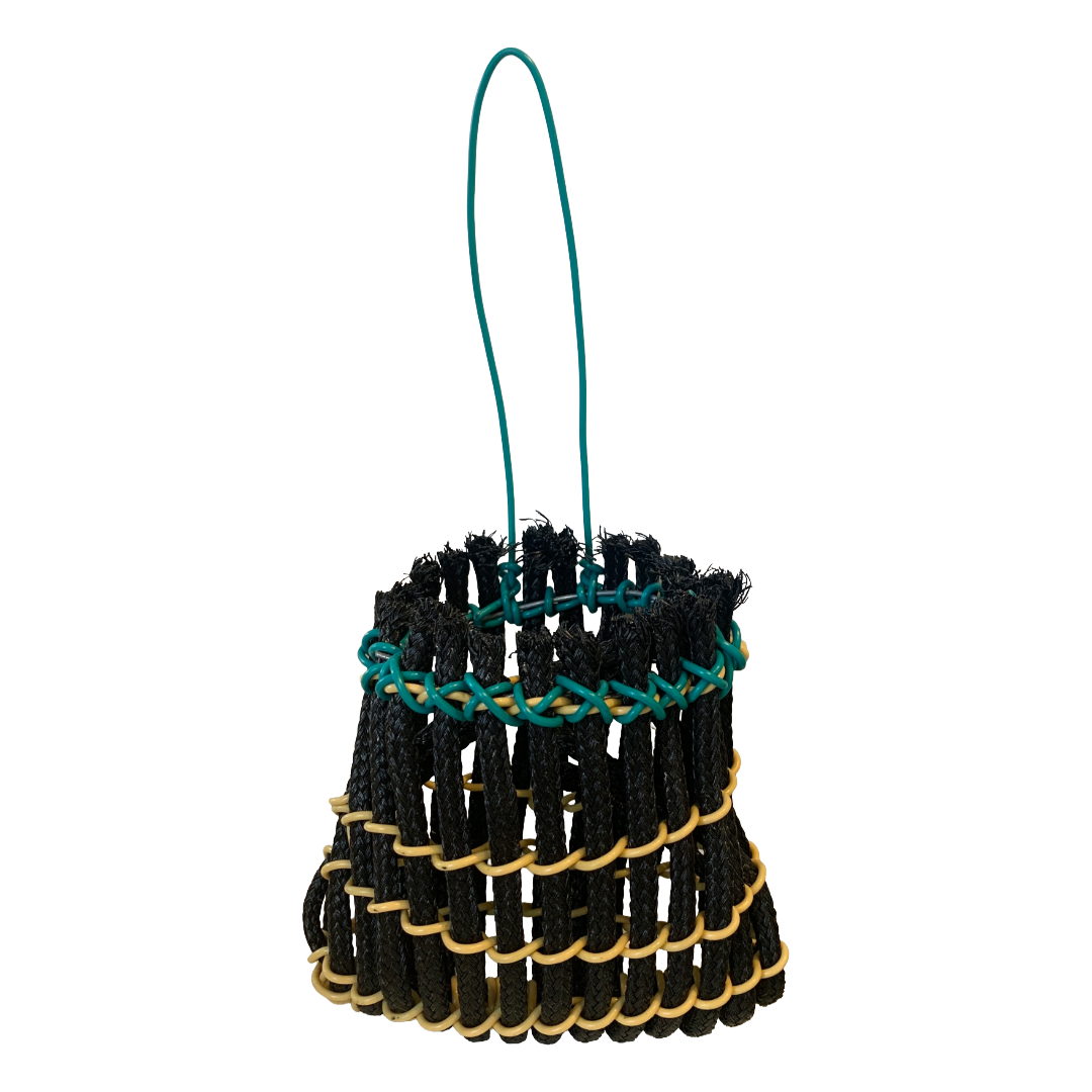 GIRRINGUN ART CENTRE – Nephi Denham | ‘Mindi’ basket | Electrical wire yellow / teal and black rope
