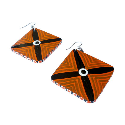 IRENE BOWYER | ‘X Shield (orange/black) Earrings' | Hand-painted wood