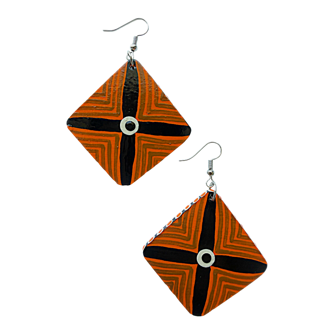 IRENE BOWYER | ‘X Shield (orange/black) Earrings' | Hand-painted wood