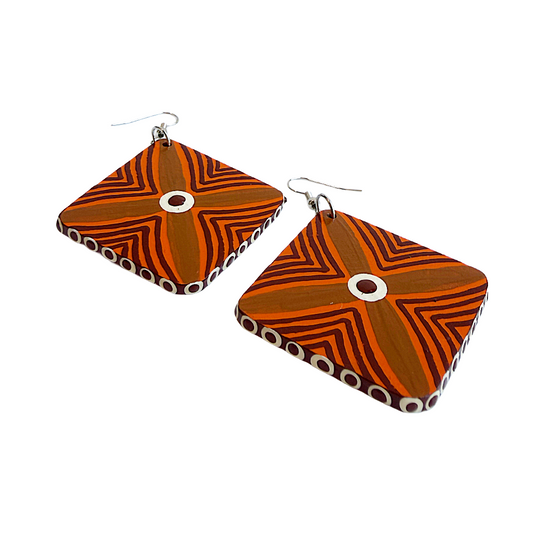 IRENE BOWYER | ‘X Shield (orange/chocolate brown) Earrings' | Hand-painted wood