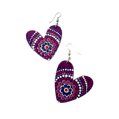 IRENE BOWYER | ‘Heart Shaped (purple/white/pink) Earrings' | Hand-painted wood